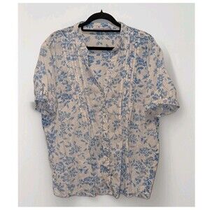 Cottagecore Blue Floral Pintuck Button‎ Front blouse XL Papagallo Boho Top